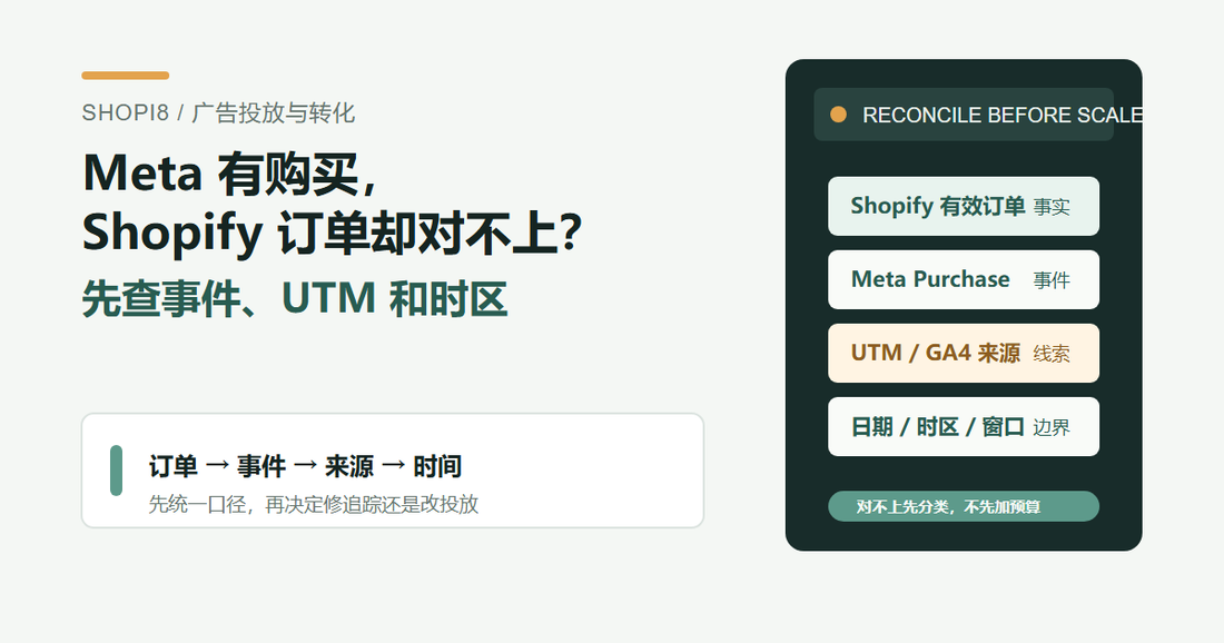 Meta 广告与 Shopify 订单对账封面图：先查 Purchase 事件、UTM、日期时区，再判断是否调整投放